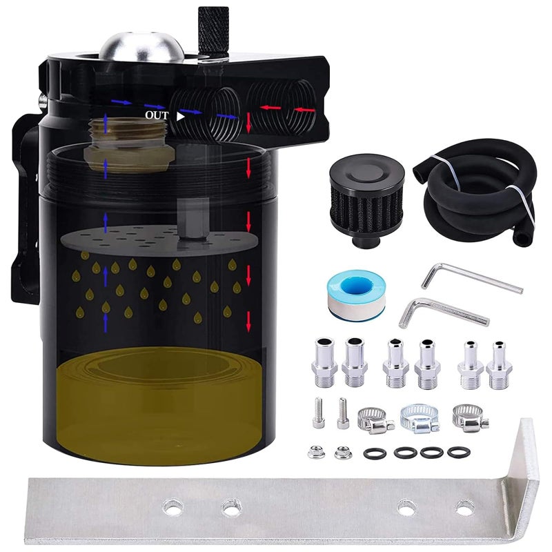 SPEEDWOW Universal Oil Catch Can Kit with low micron bronze filter & larger removable baffle,Oil Capture Tank Air Tank with 3/8" Fuel Line, 300ml(Black) - Image 1